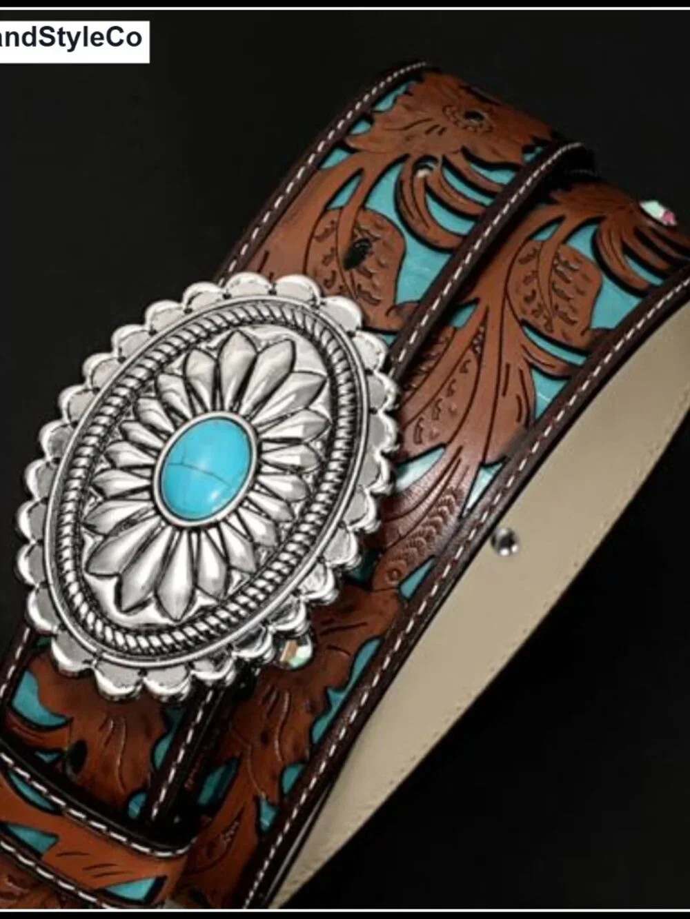 Western Leather Belt with Turquoise Concho Buckle for Women, 1.5 Inch,